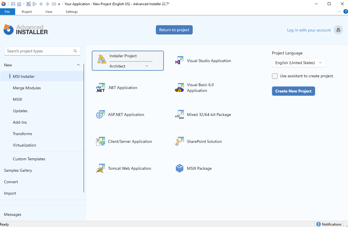 MSI Project Type MSI Project Type