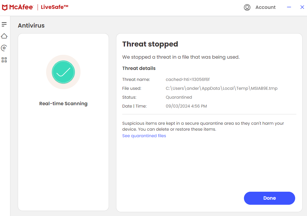 Error message from MacAfee