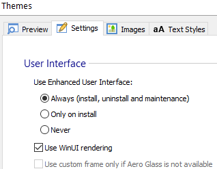 WinUI Rendering Option Advanced Installer