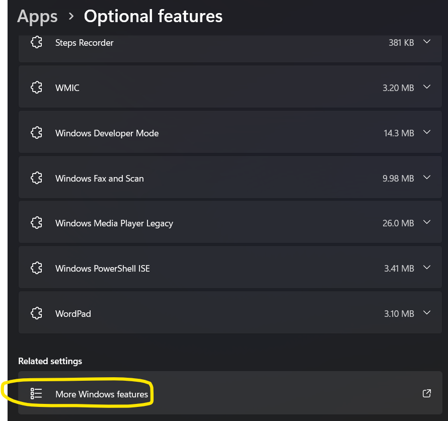 More Windows features option