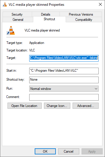VLC Media Player Shortcut properties 1 VLC Media Player Shortcut properties 1