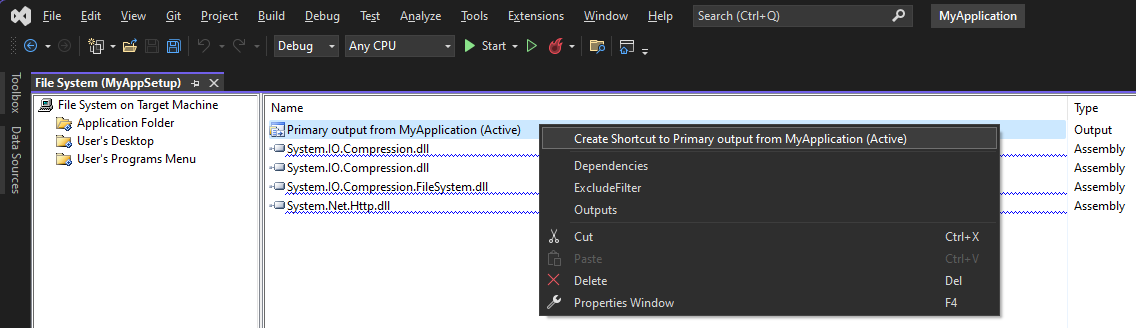 Create Shortcut for Primary output from MyApp