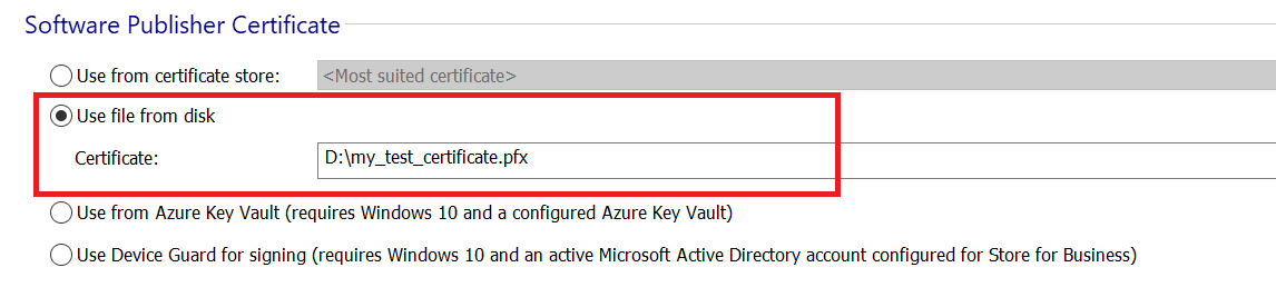 Select certificate from disk