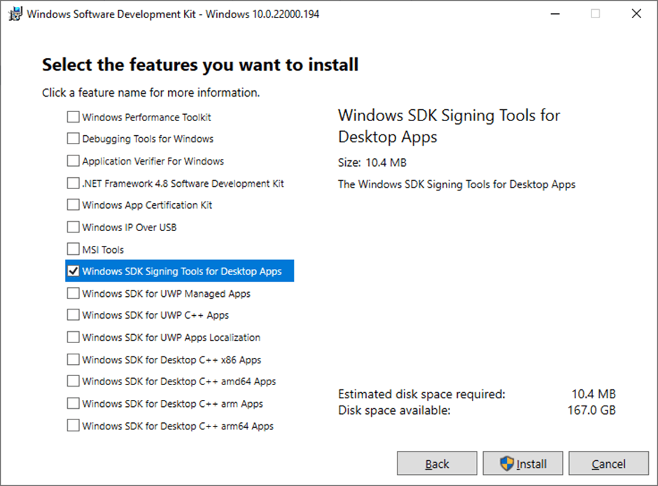 Install Windows SDK Signing Tools for Desktop Apps