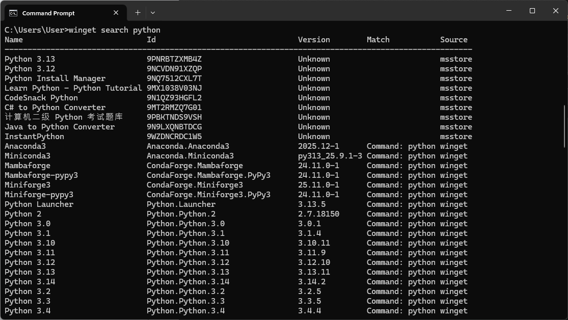 winget search python