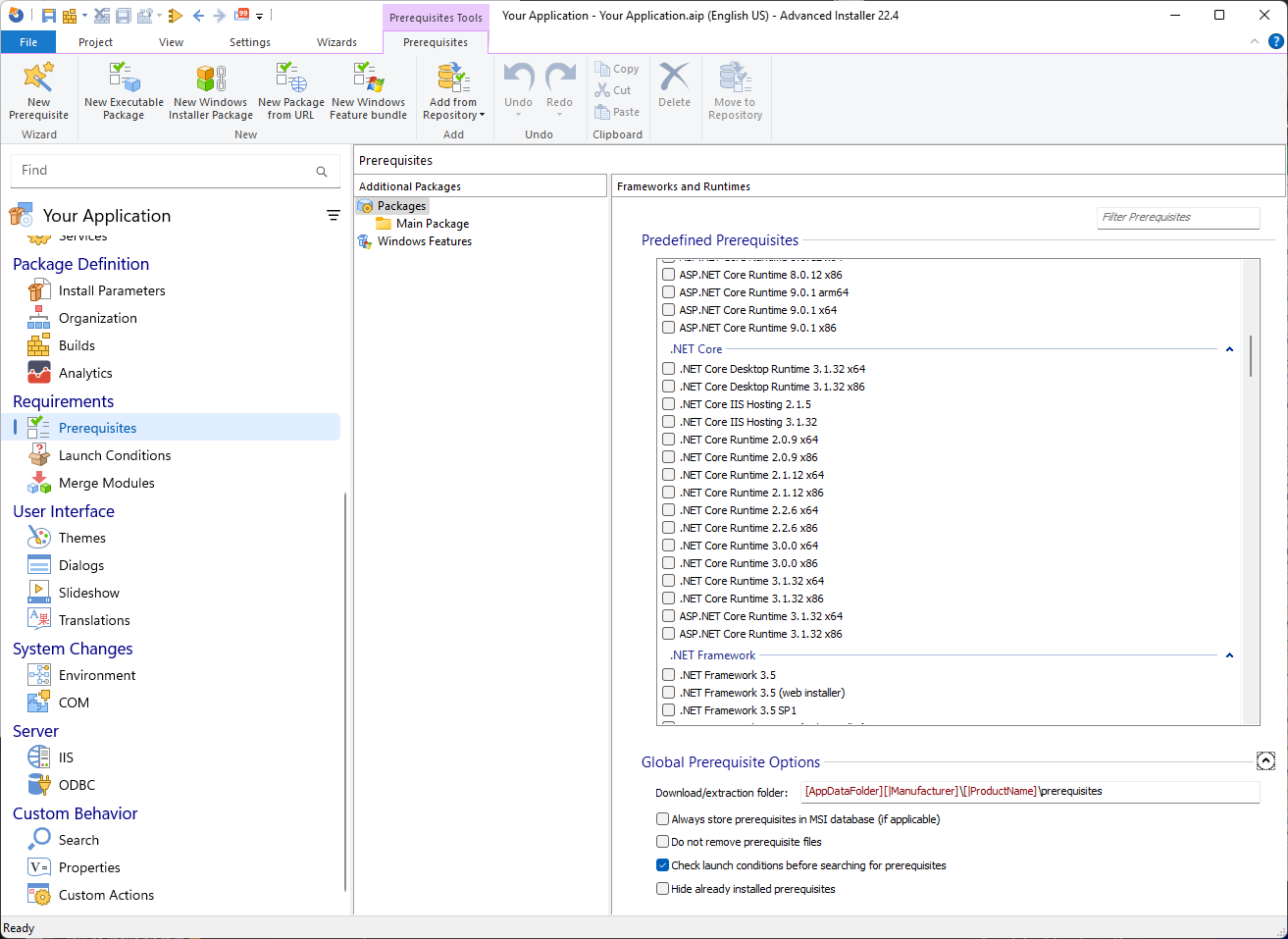 Prerequisites page in Advanced Installer Prerequisites page in Advanced Installer