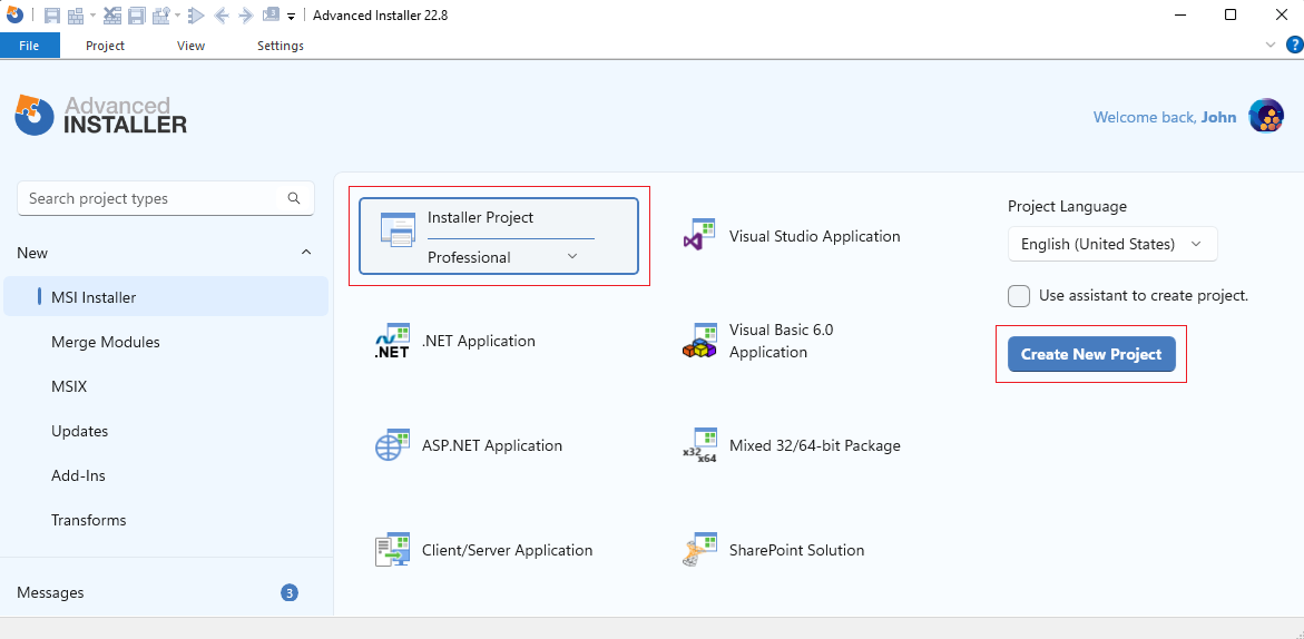 Create new project in Advanced Installer Create new project in Advanced Installer