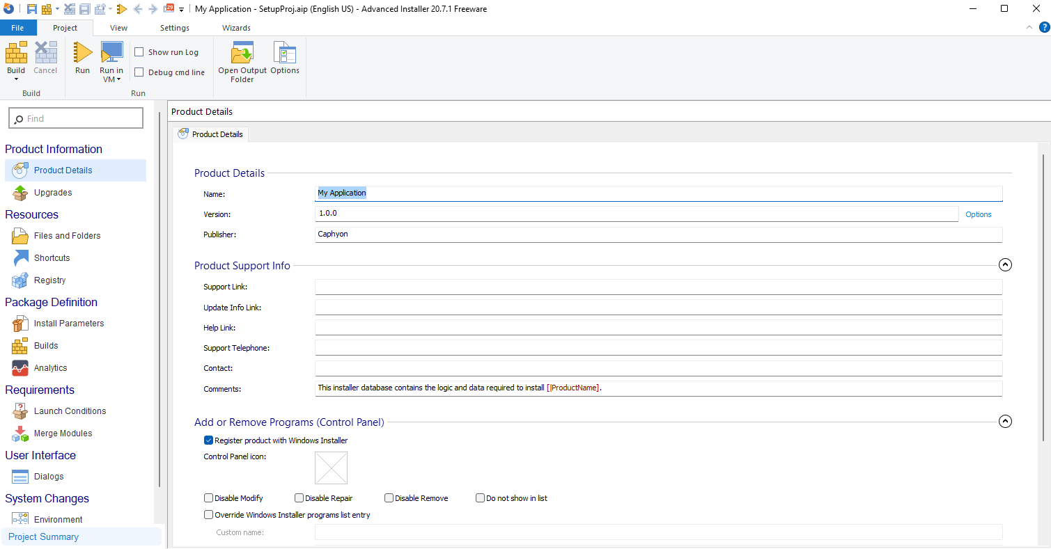 package details in Advanced Installer