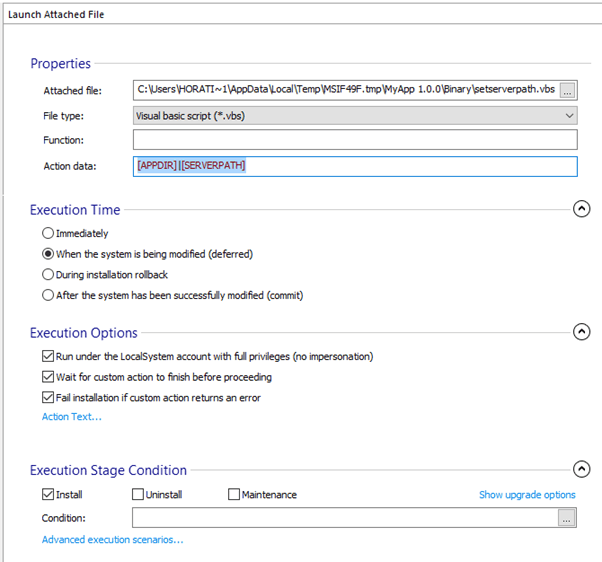 advanced installer custom action properties