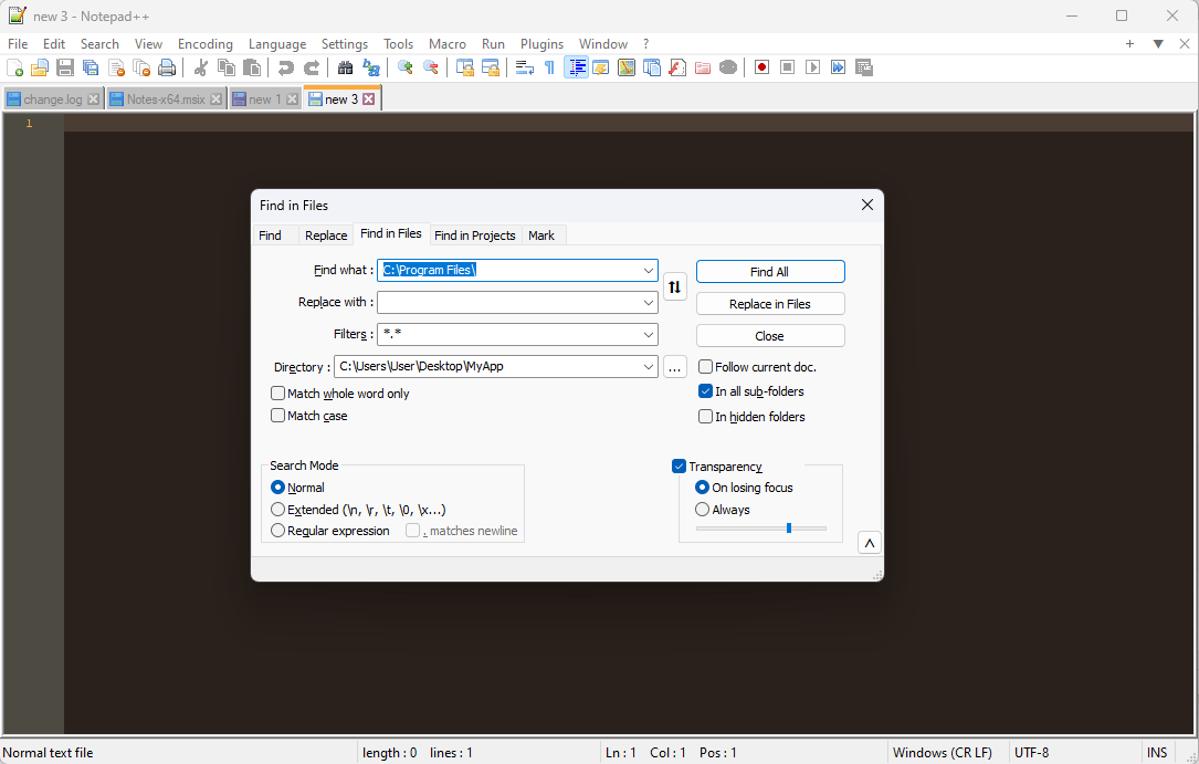 Find in Files in Notepad ++