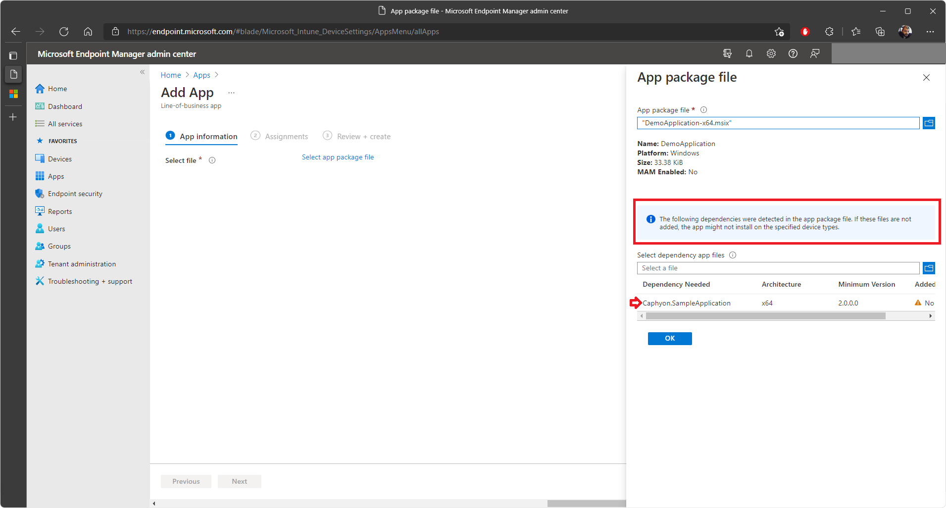 Mem Add LOB App MSIX Dependency