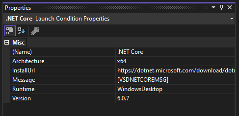 Launch Condition Properties in Visual Studio