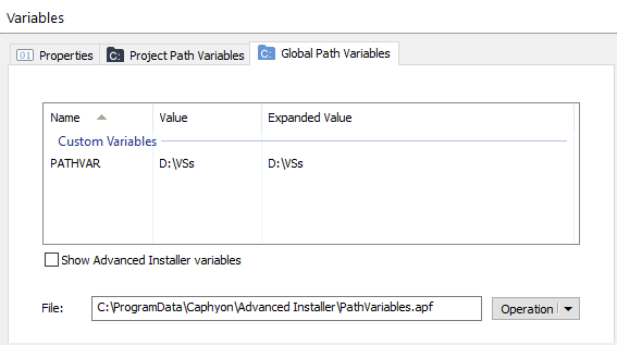 Global path variables tab