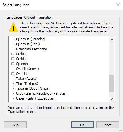 The Select Language Dialog