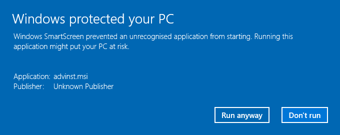 Windows SmartScreen stops a downloaded unsigned product from running