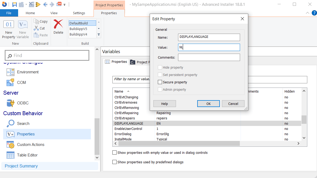 Edit Property in Advanced Installer