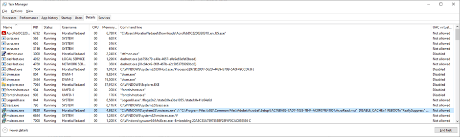 Locate the MSI file using Task Manager