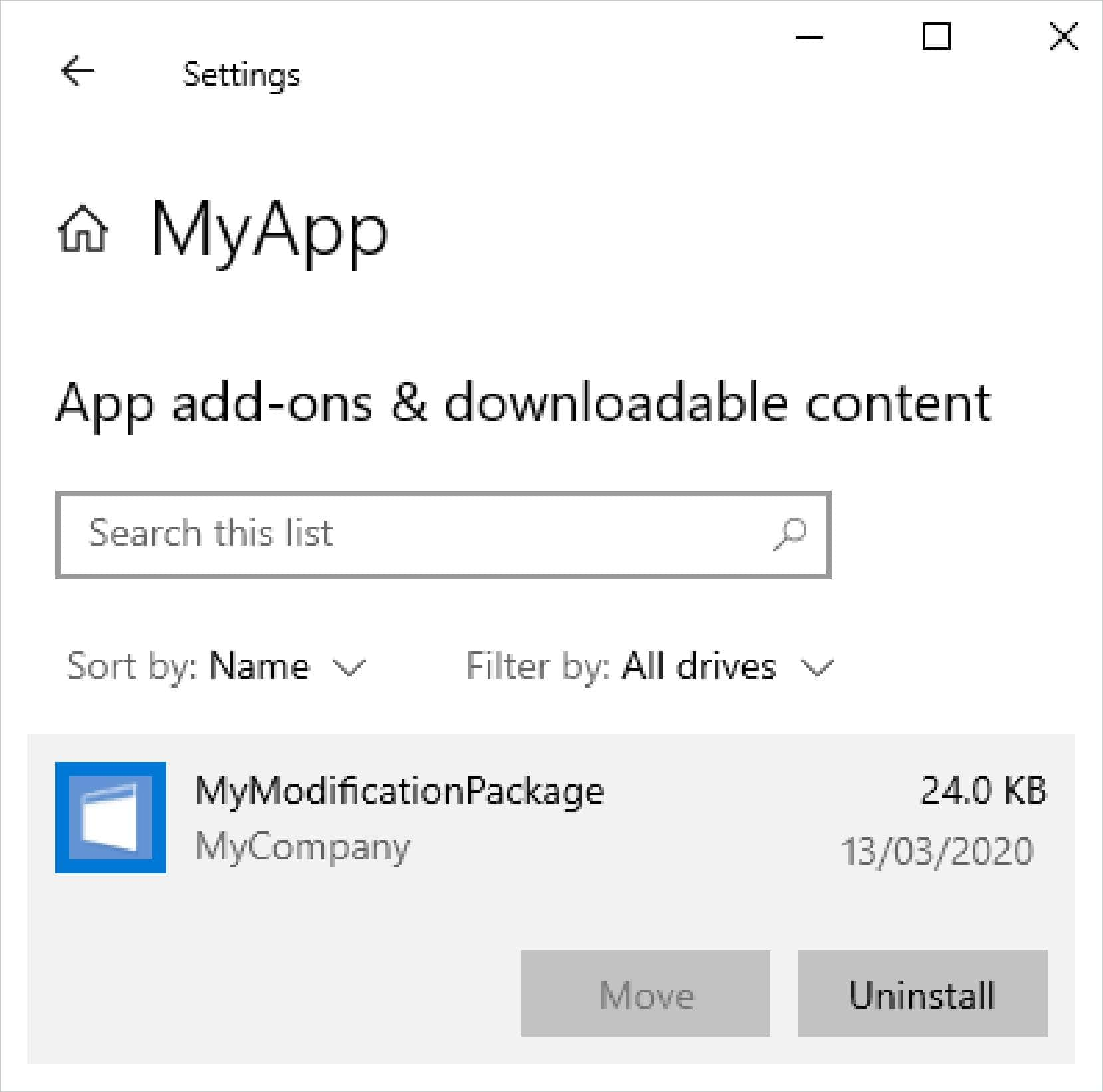 List of MSIX Modification Packages installed on the device for a specific application(“MyApp”) List of MSIX Modification Packages installed on the device for a specific application(“MyApp”)