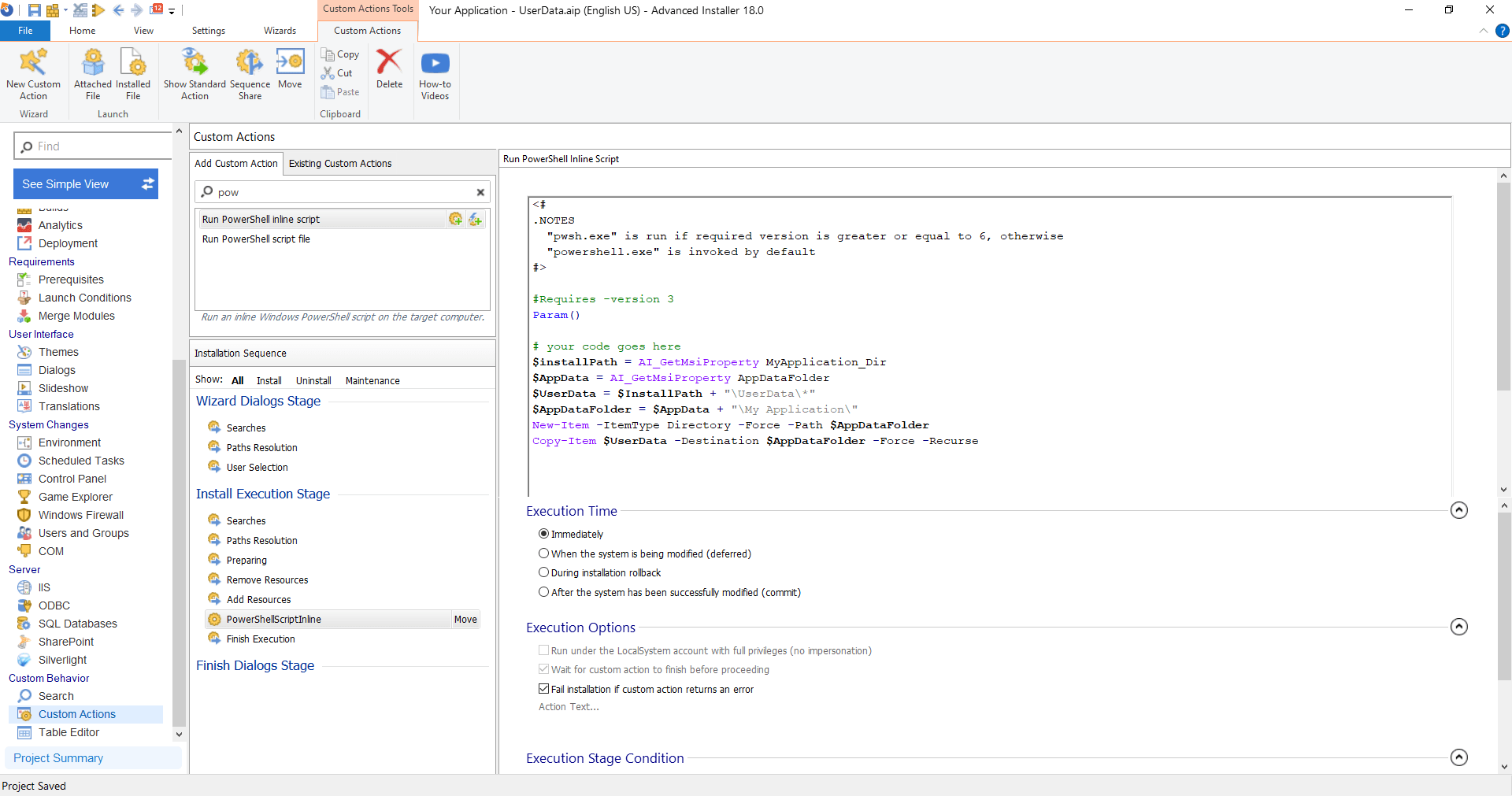 Custom actions inline script