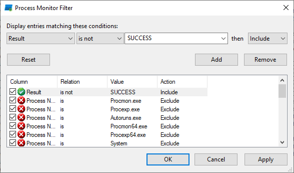 Process Monitor filtered to show only failures