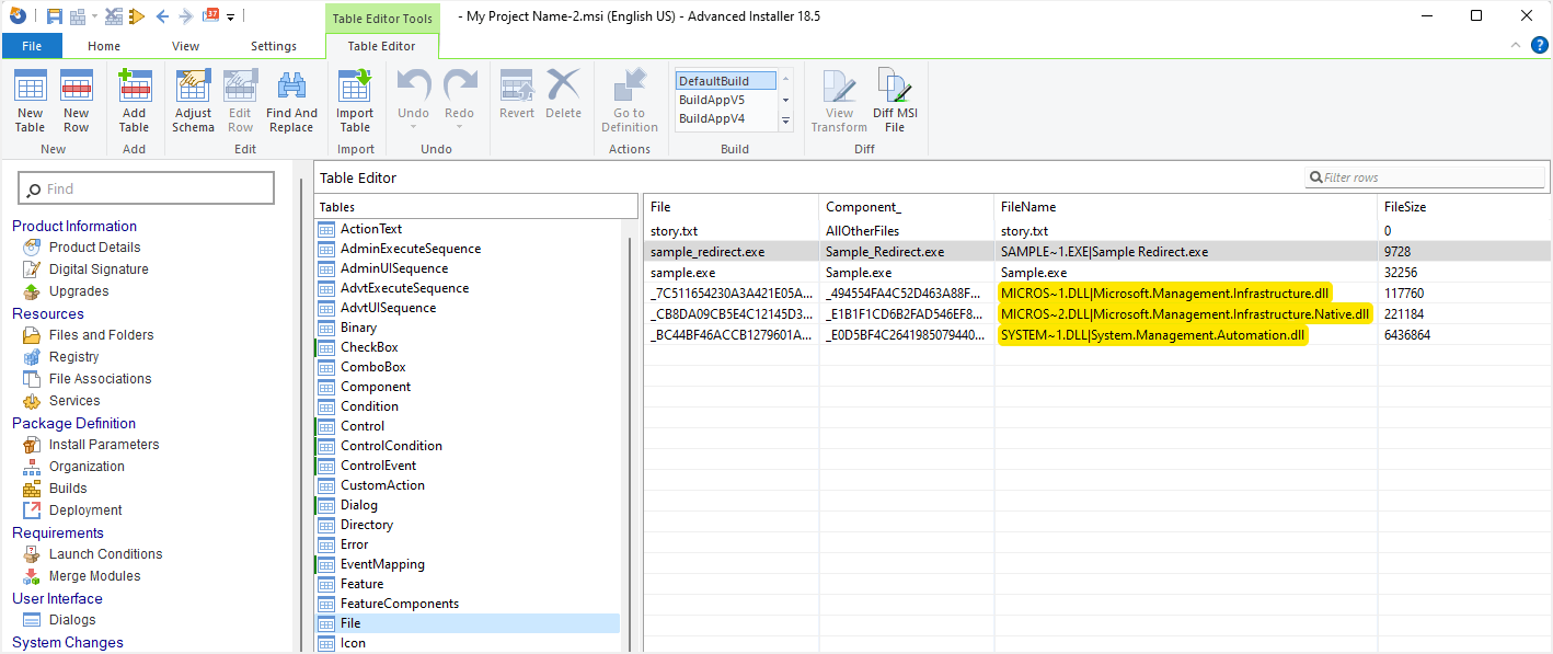 File Table Advanced Installer