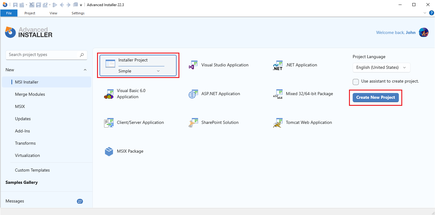 Advanced Installer start page