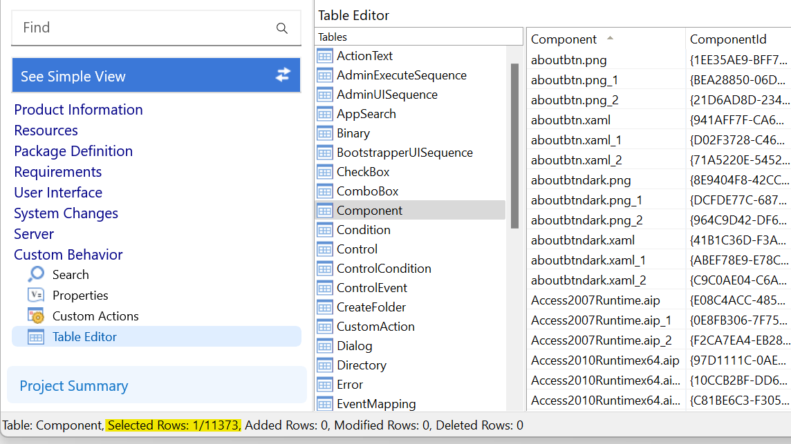 Component table in Table Editor