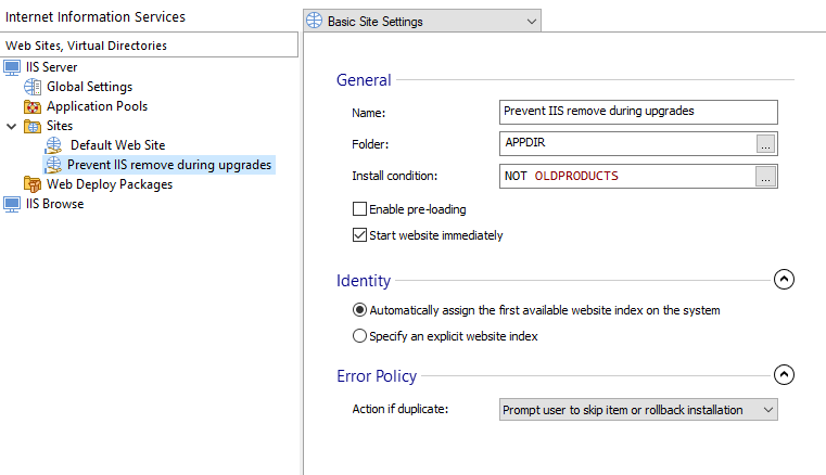 Prevent iis elements to overwrite the existing website install condition