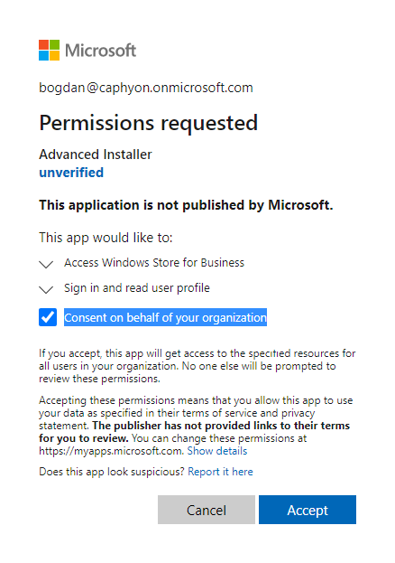 Azure Portal Permissions Requested Dialog