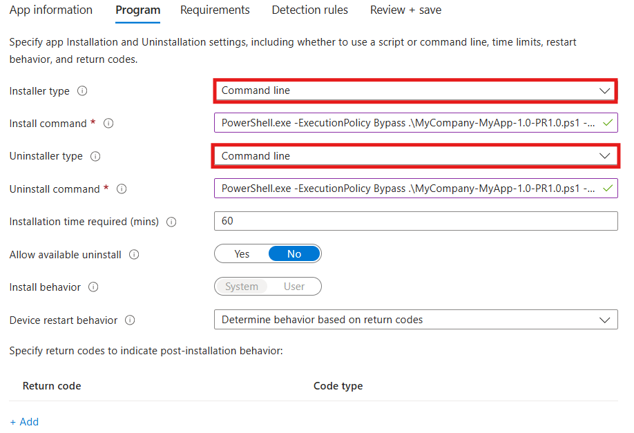 App install and uninstall settings in intunewin