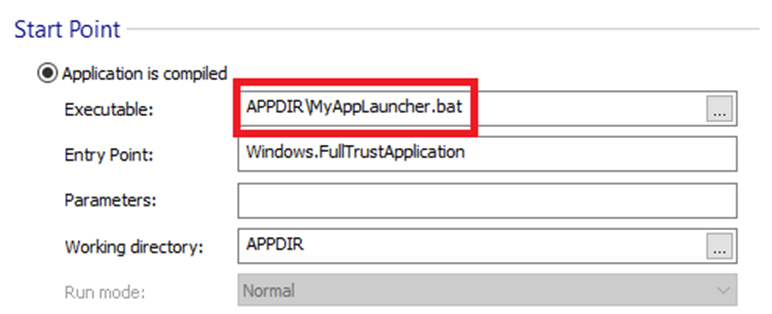 Set the “Executable” field to point to the batch file