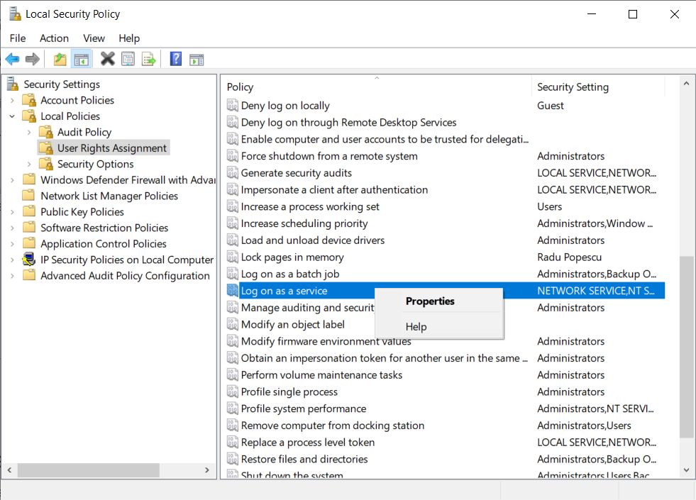 Log on as a Service Properties