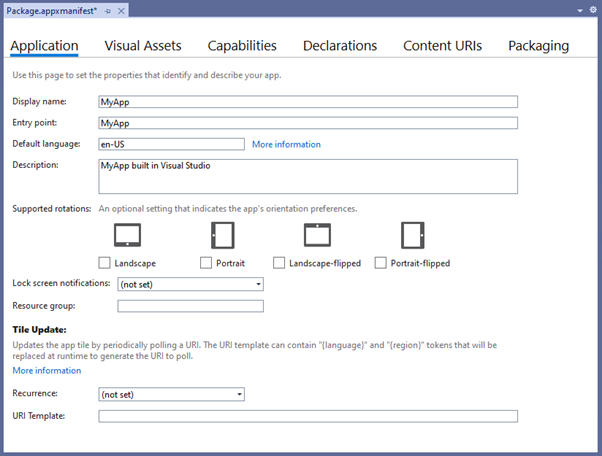 Set details of the application