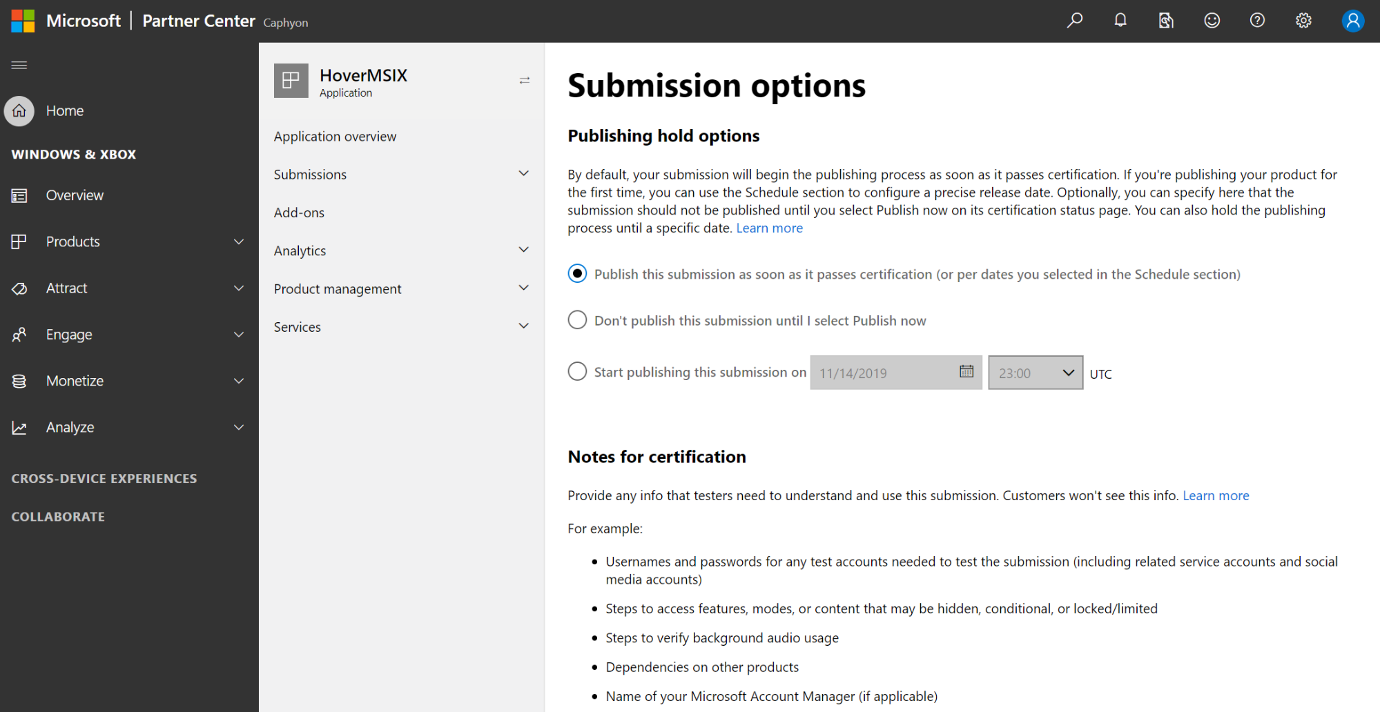 Submission options