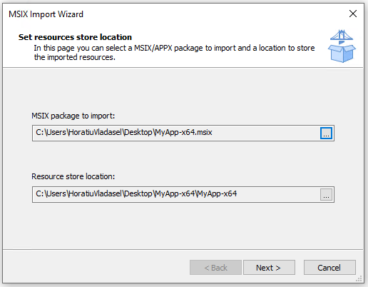 Select the MSIX package