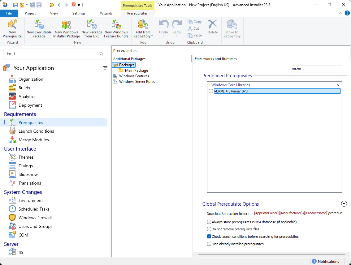 MSXML as prerequisite in Advanced Installer