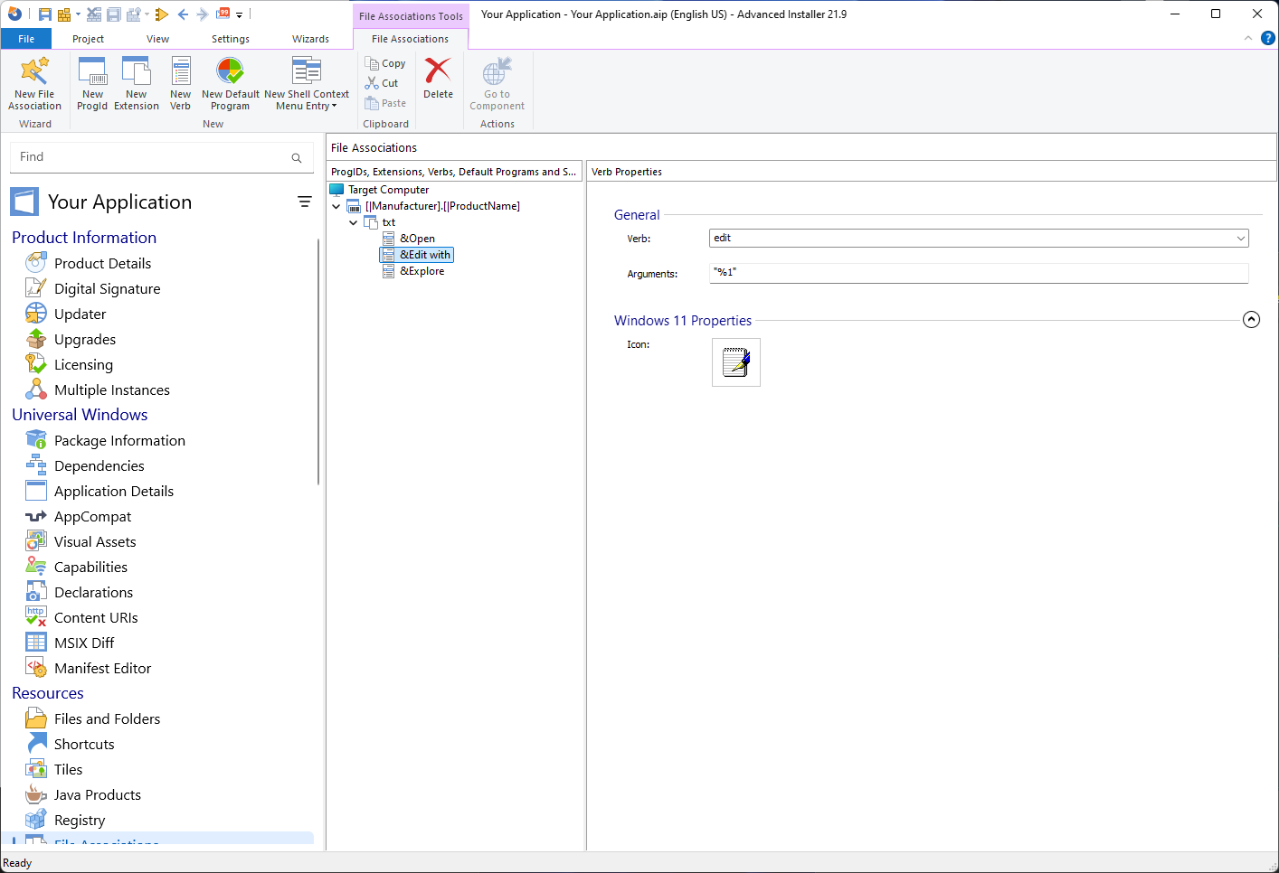 Verbs management in Advanced Installer GUI