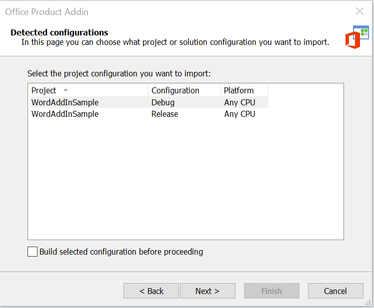 Choose the project configuration to import