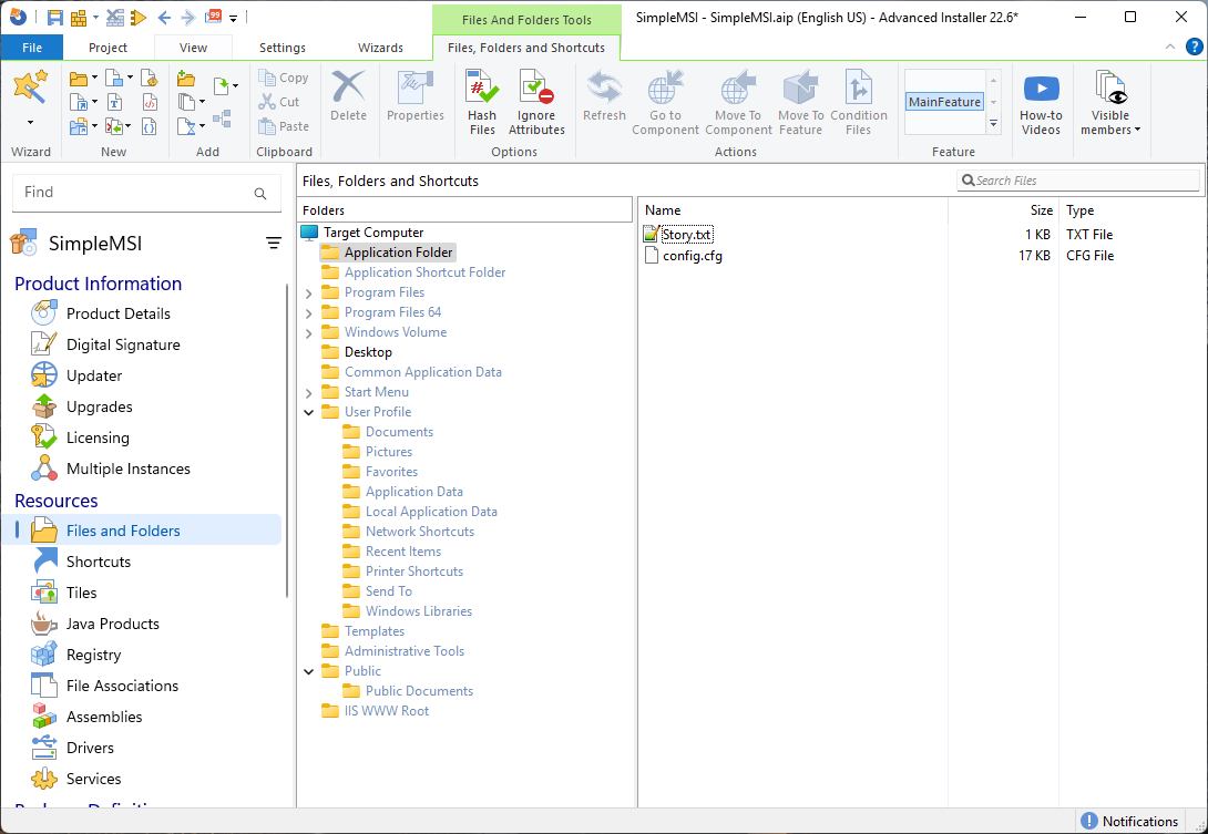 Application Folder view in Advanced Installer