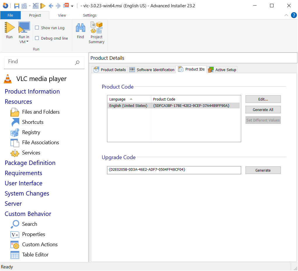 Application ProductCode in Advanced Installer