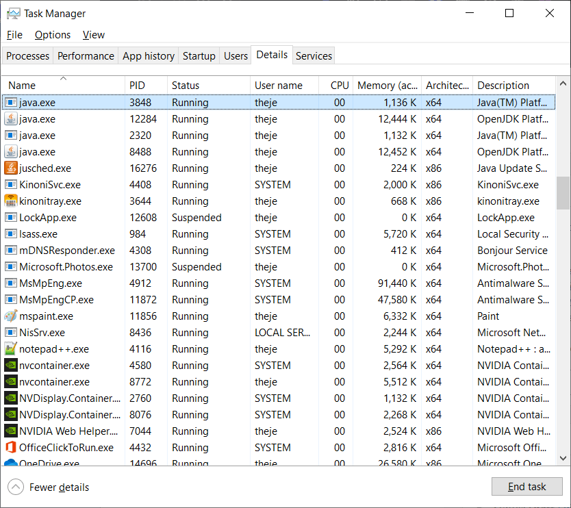 Java Exe Process Running