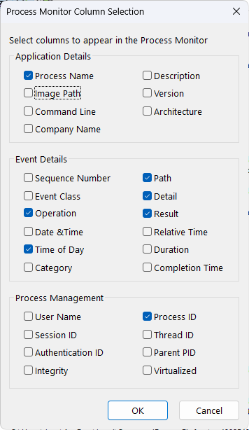 Procmon Columns Selection