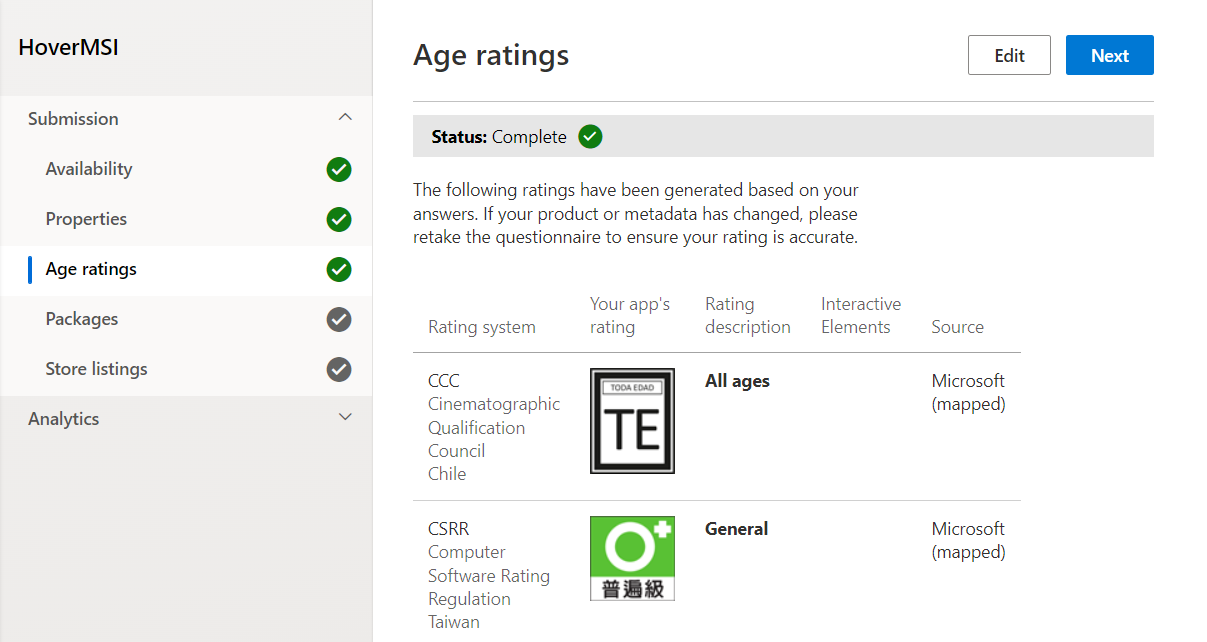 Age Ratings Confirmation Page