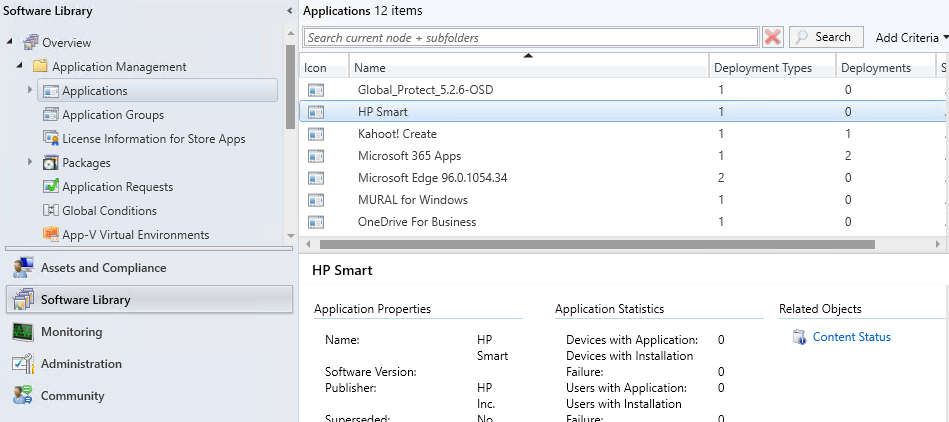 Select applications in SCCM