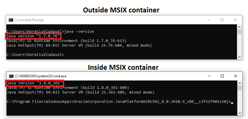 correct version of Java within the MSIX container