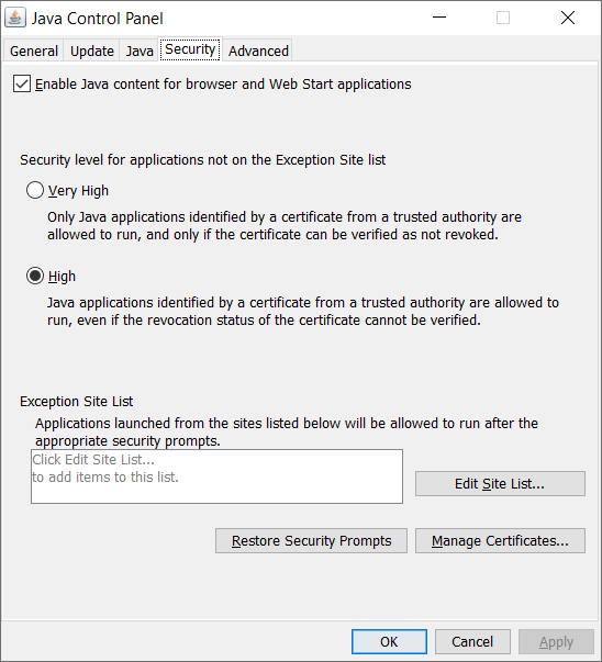 Java control panel