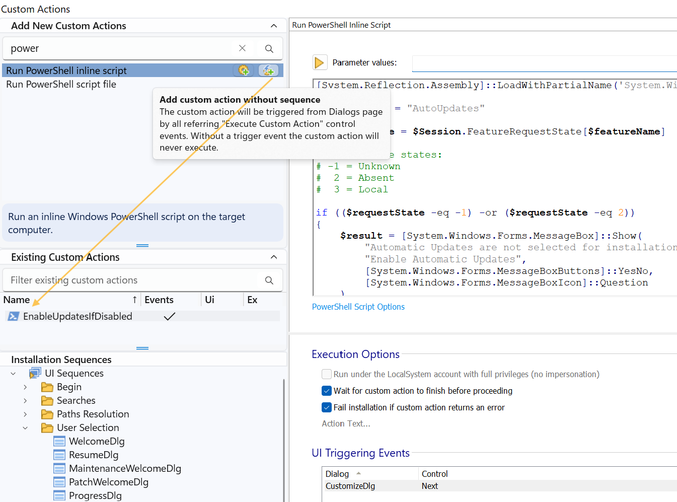 PowerShell custom action properties