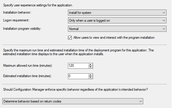 User experience settings for the application deployment (SCCM)