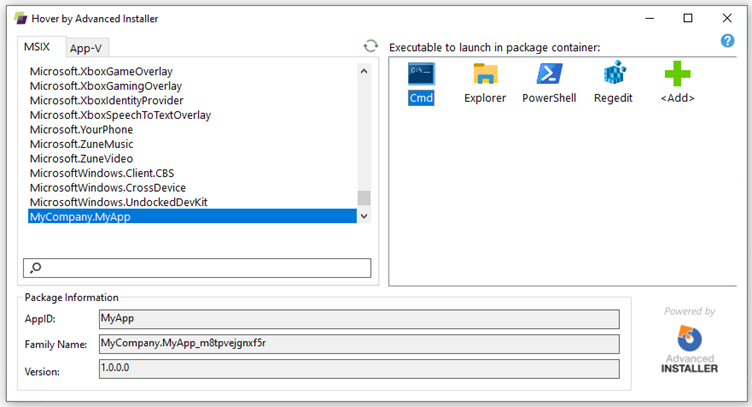 Select MSIX package and the exe to run inside the container