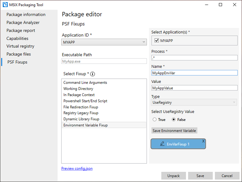 PSF Fixups in MSIX Packaging Tool